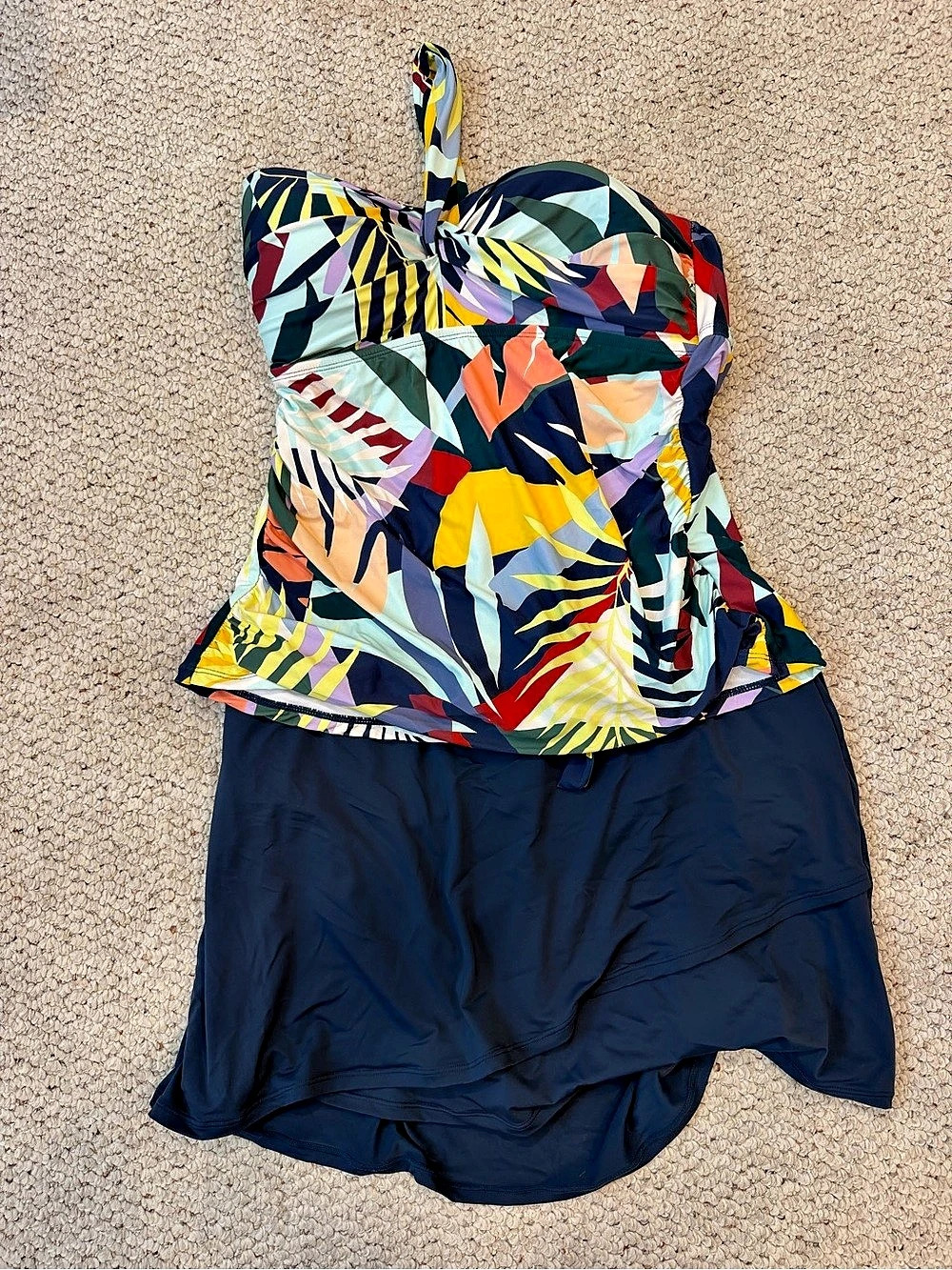 Jantzen 2pc Tankini Set Size 14 D Cup Navy Tropical Skirt Bottom Halter